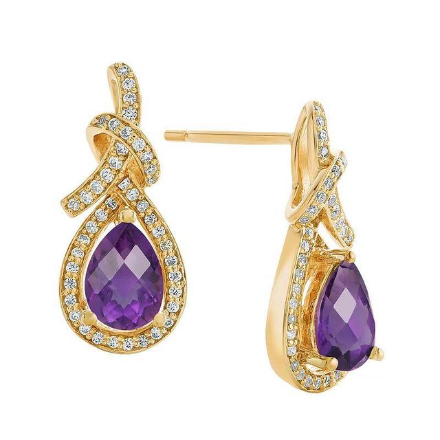 14k Gold Over Silver Amethyst & Lab-Created White Sapphire Teardrop Earrings, Womens, Gold Tone Product Image