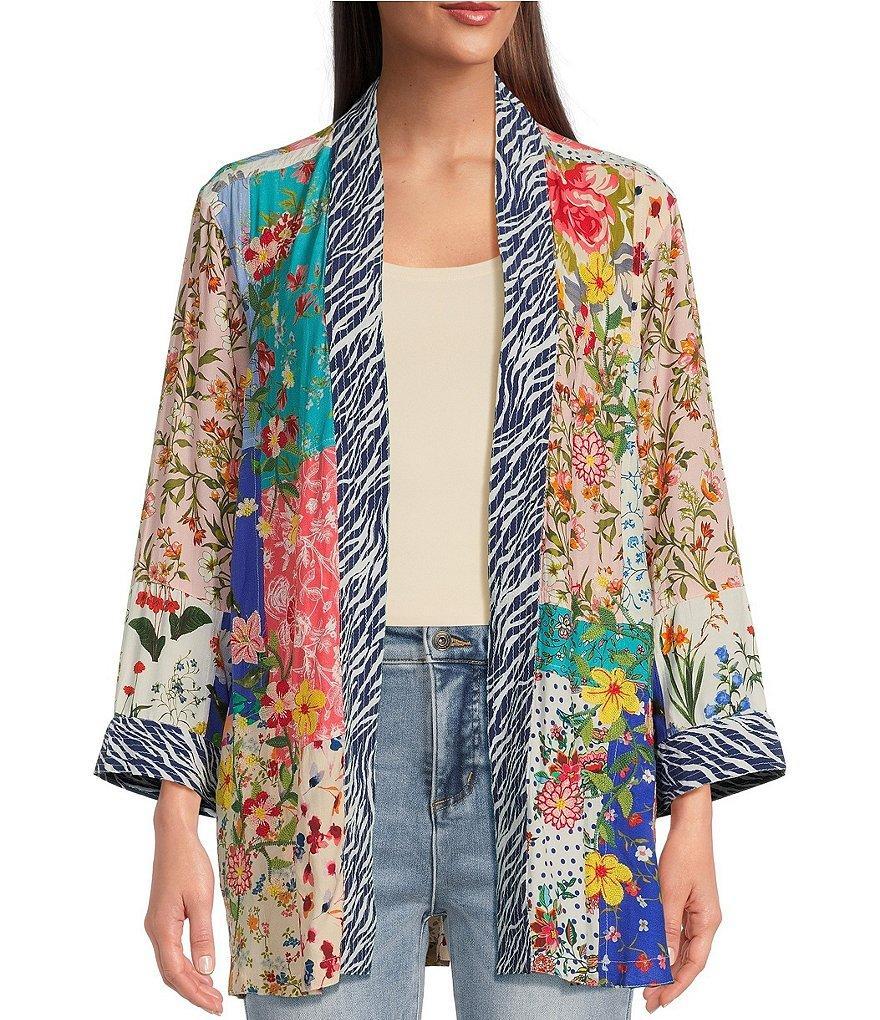 John Mark Patch Print Floral Embriodered Open Front 3/4 Sleeve Kimono Product Image