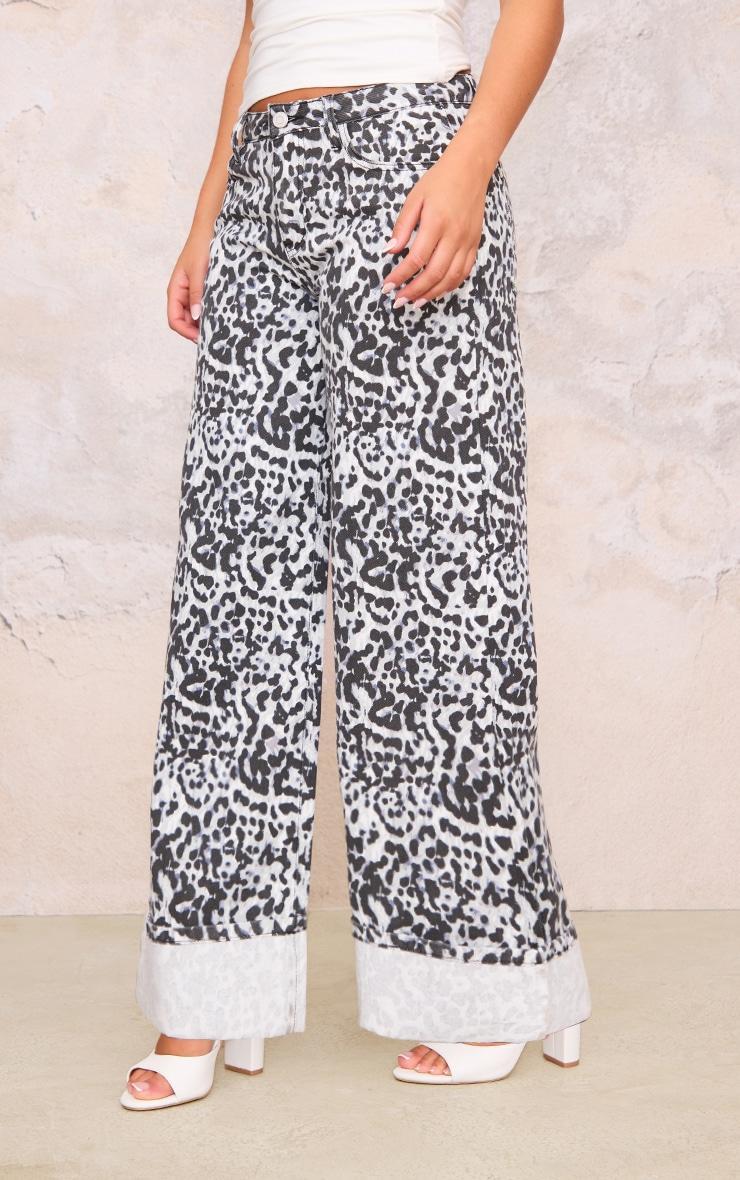 White And Black Leopard Print Turn Up Hem Wide Leg Jeans Product Image