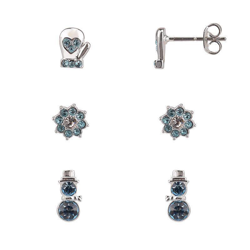 FAO Schwarz Silver Tone Crystal Snowman & Mittens Trio Stud Earrings Set, Womens, Blue Product Image