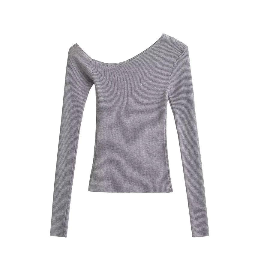 Long Sleeve One Shoulder Plain Ribbed Knit Top Product Image