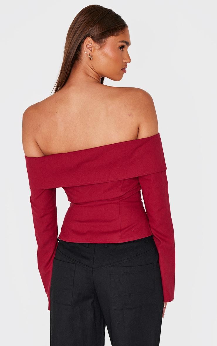 Burgundy Bardot Foldover Long Sleeve Top Product Image