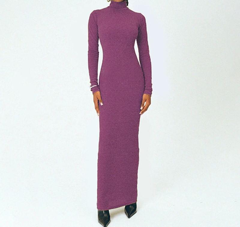 Long-Sleeve Turtleneck Plain Maxi Sheath Dress Product Image