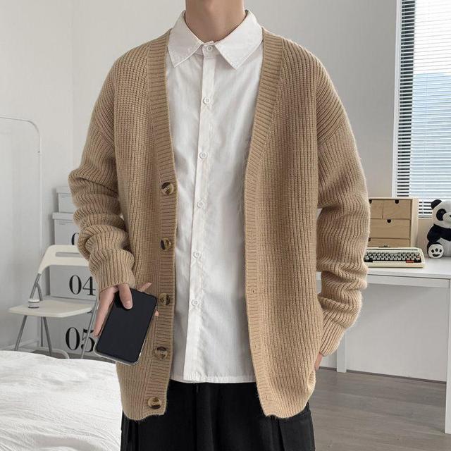 Long-Sleeve Plain Knit Cardigan Product Image