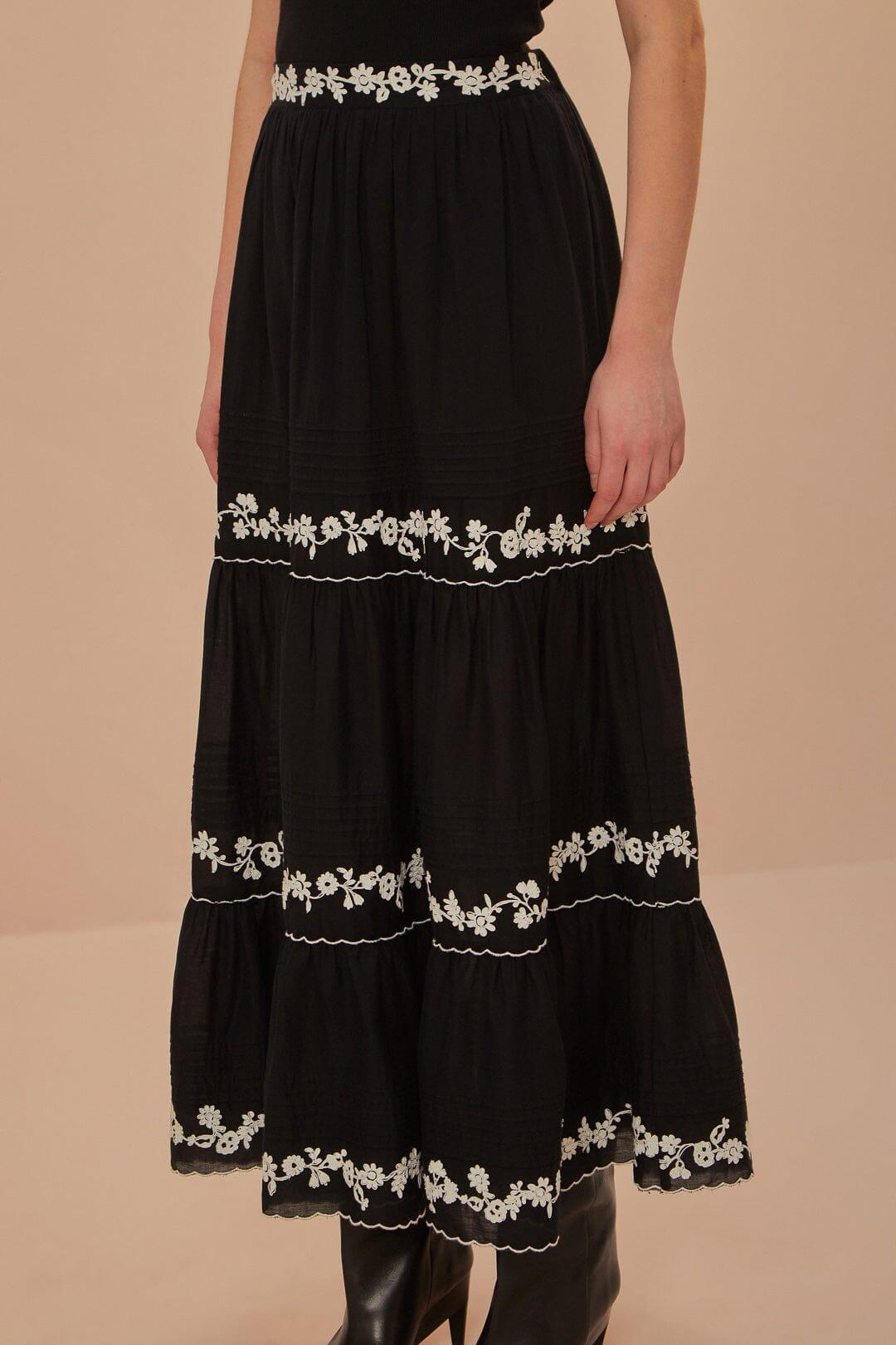 Black Embroidered Ruffle Maxi Skirt Product Image