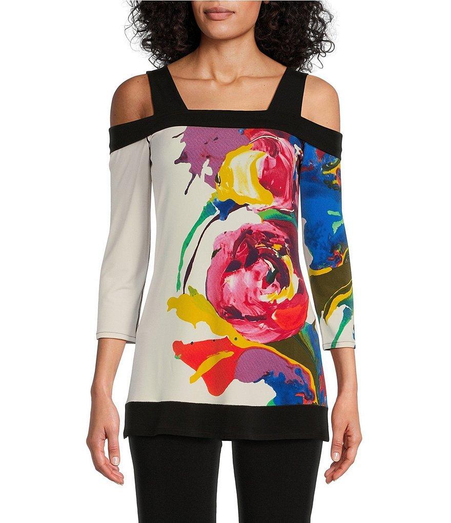 Eva Varro Watercolor Floral Placement Print Knit Jersey Square Neck 3/4 Sleeve Cold Shoulder Tunic Product Image