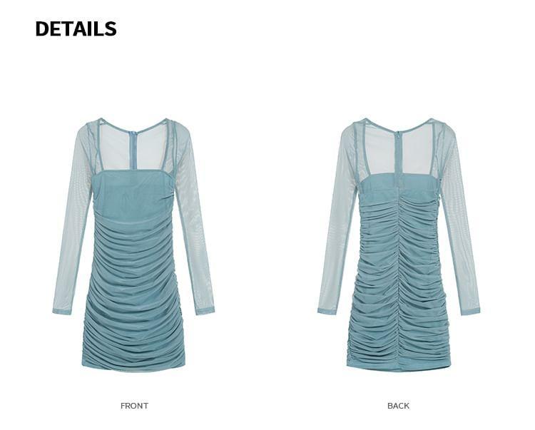 Long-Sleeve Square Neck Plain Ruched Mesh Panel Mini Bodycon Dress Product Image