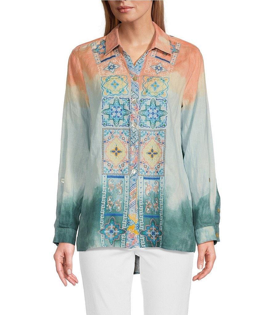 John Mark Embroidered Tie Dye Point Collar 3/4 Roll-Tab Sleeve High-Low Hem Button-Front Tunic Product Image