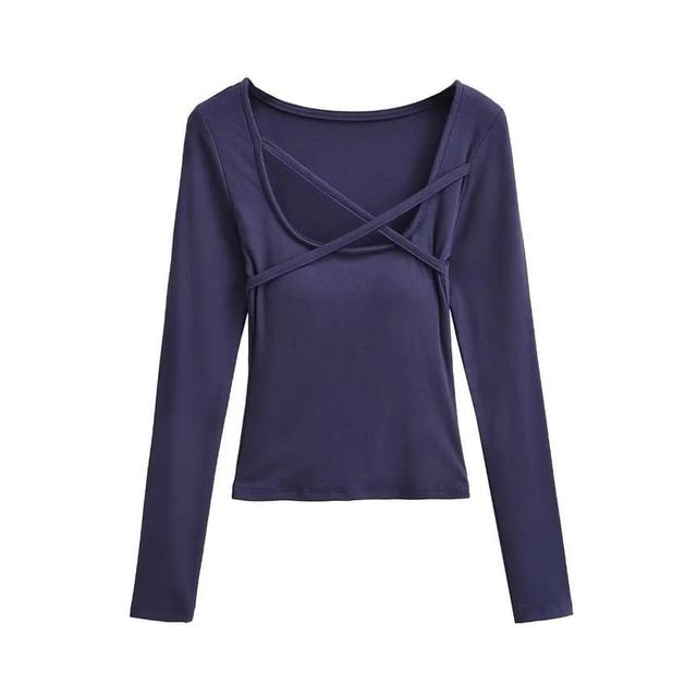 Long Sleeve Scoop Neck Plain Crisscross Crop T-Shirt Product Image