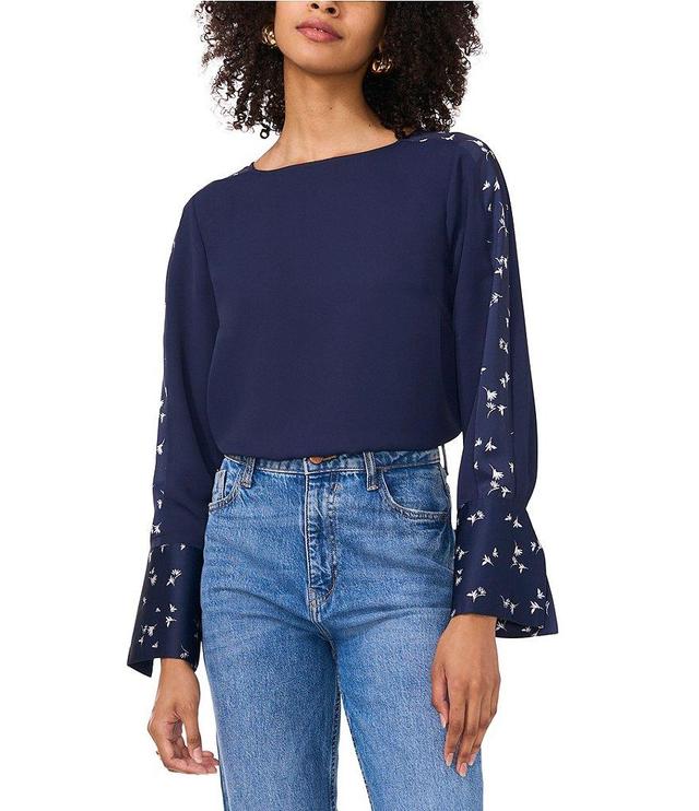 Vince Camuto Crew Neck Long Floral Sleeve Split Button Cuff Blouse Product Image