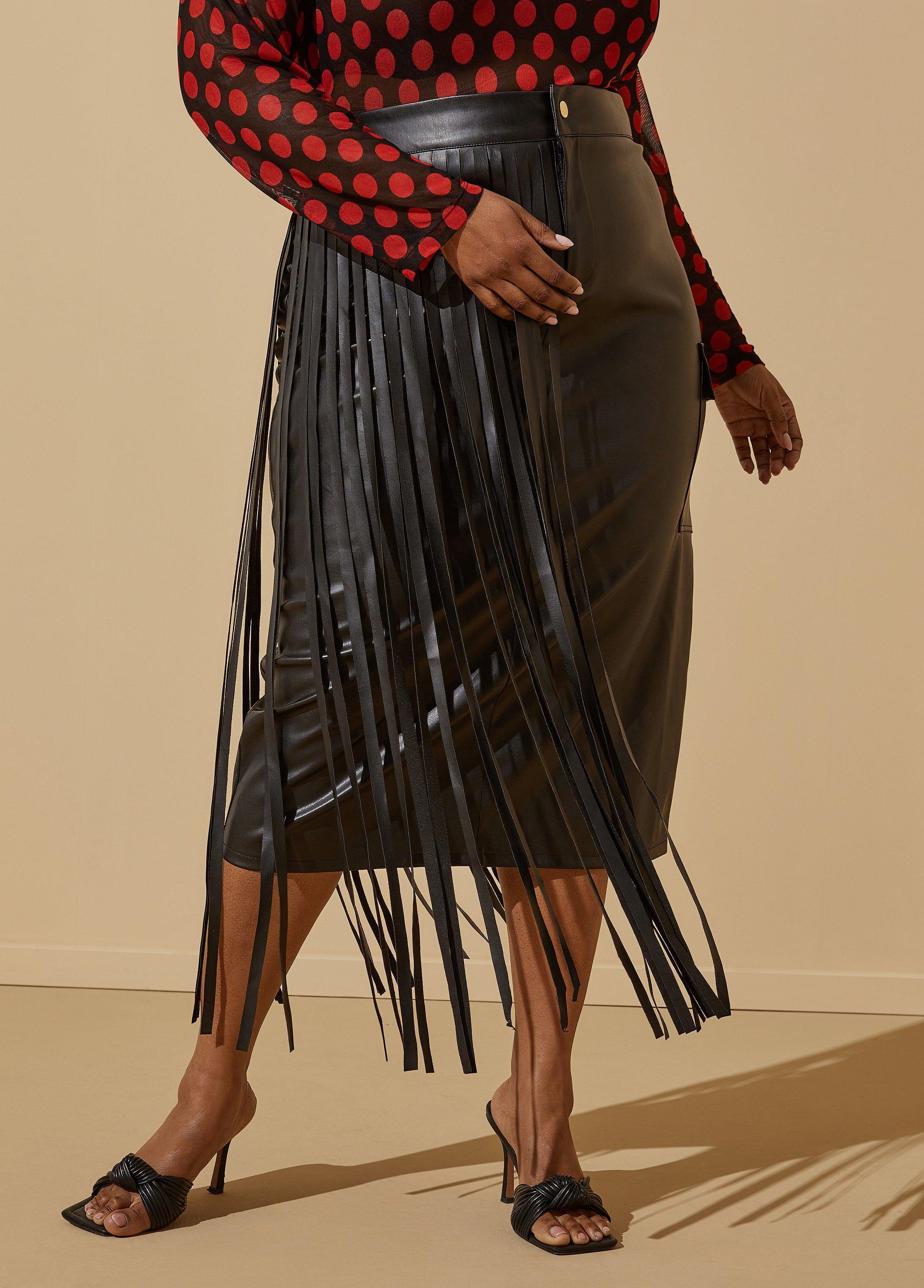 Fringed Faux Leather Midi Skirt Product Image