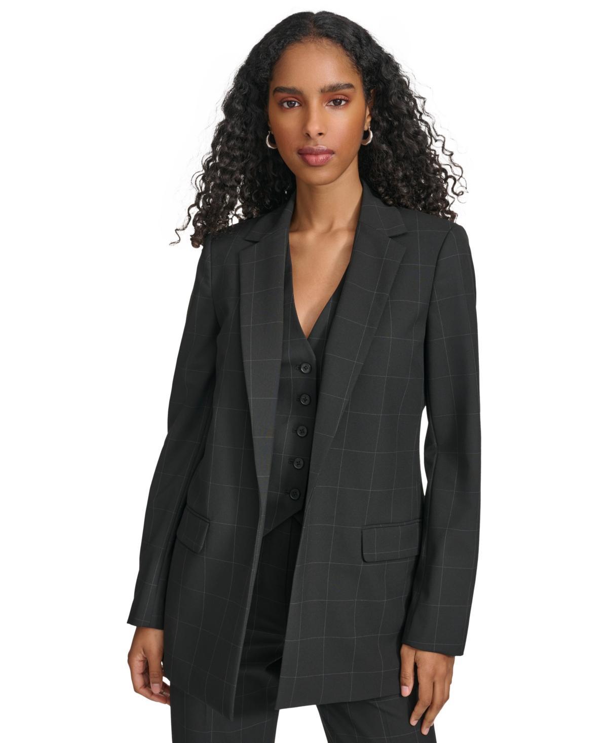 Calvin Klein Womens Windowpane-Print Open-Front Blazer - Black Product Image