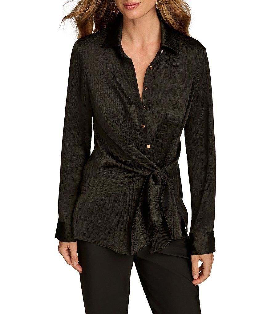 Donna Karan Satin Spread Collar Long Cuff Sleeve Tie Waist Button Down Top Product Image