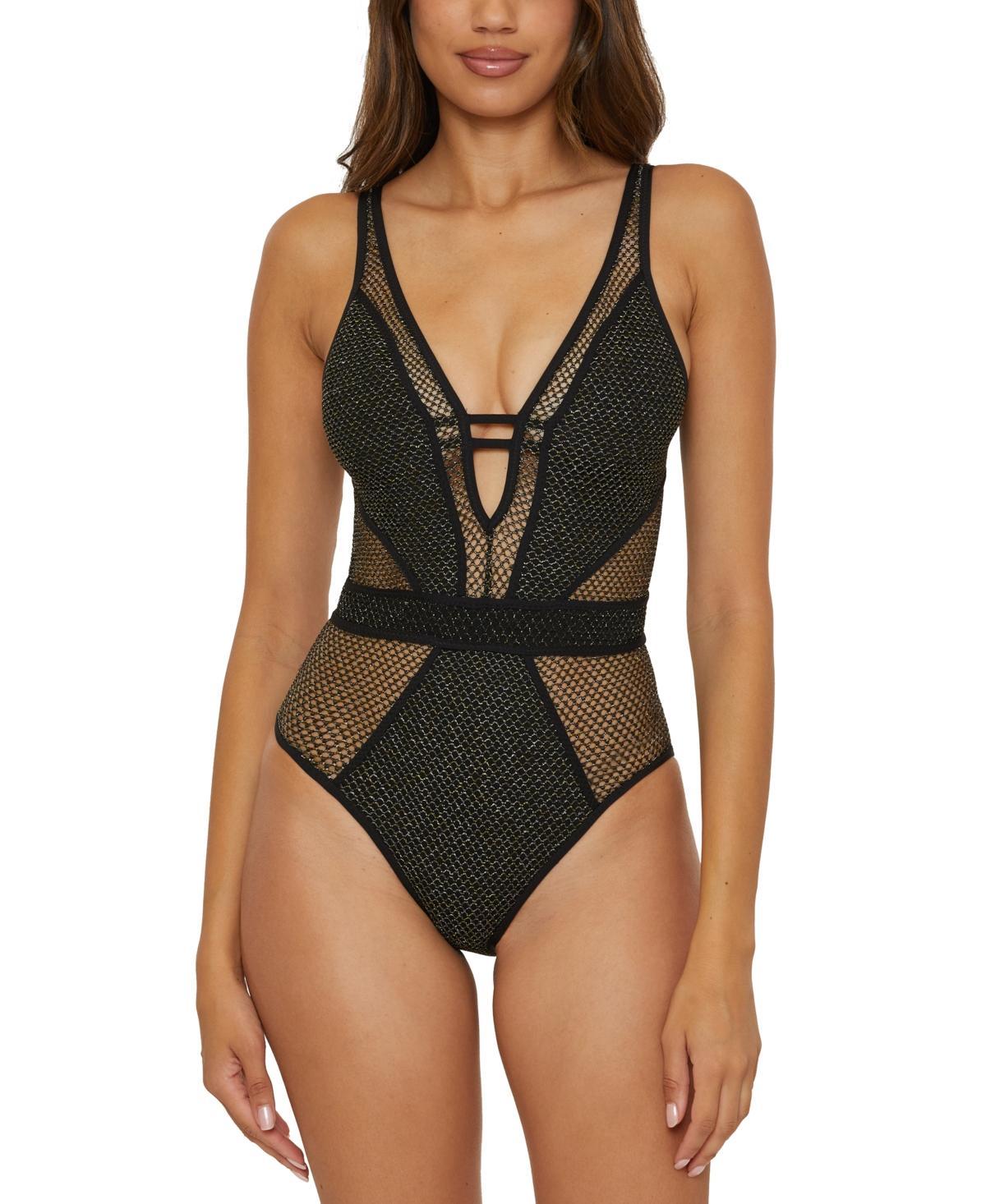 Becca Womens Network Metallic Mesh Plunge-Neck One-Piece Swimsuit Product Image