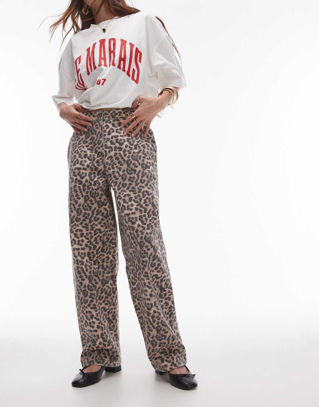 Topshop leopard straight leg denim pants in multi Product Image