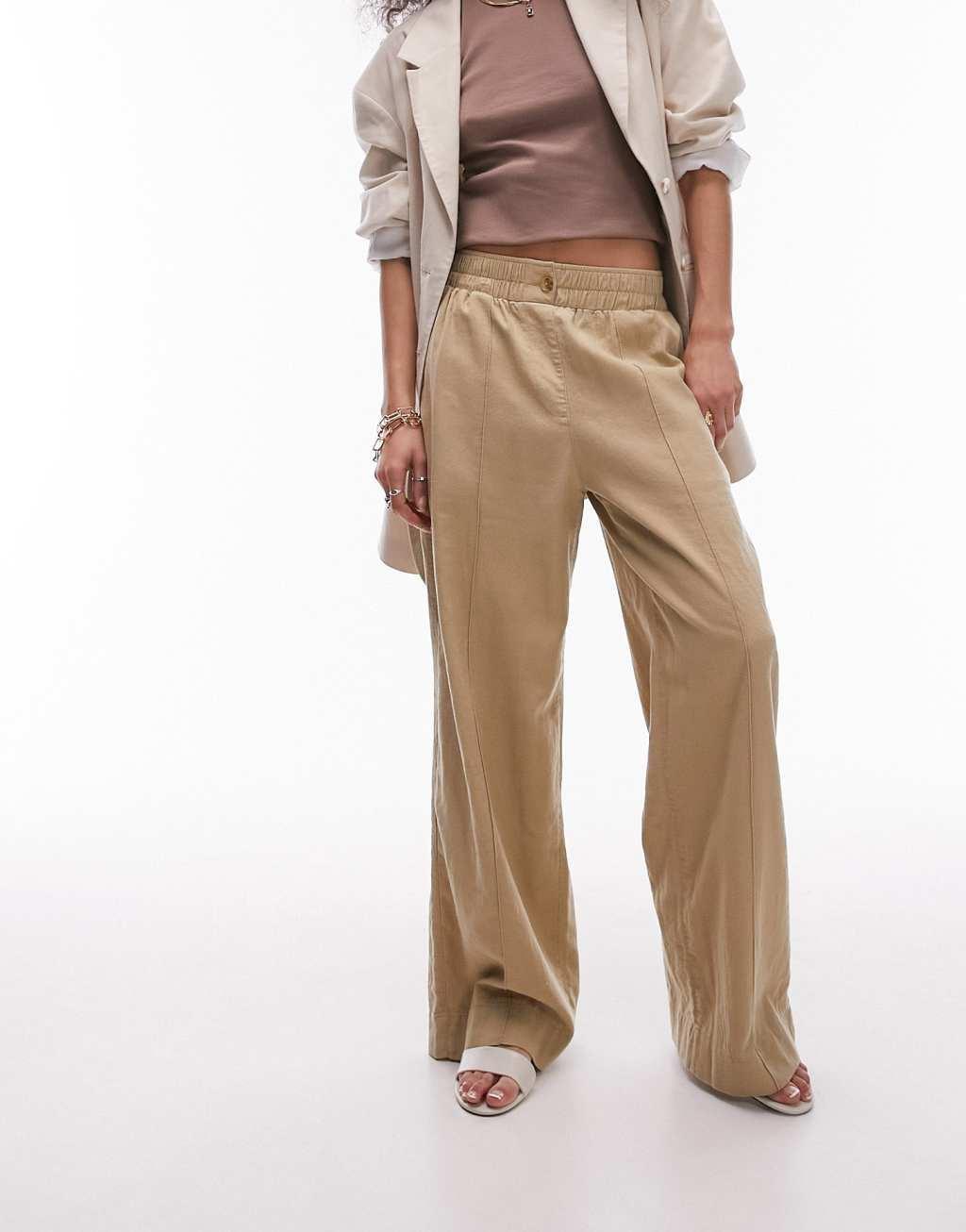 Topshop linen blend high waist pull on straight leg pants in sand Product Image