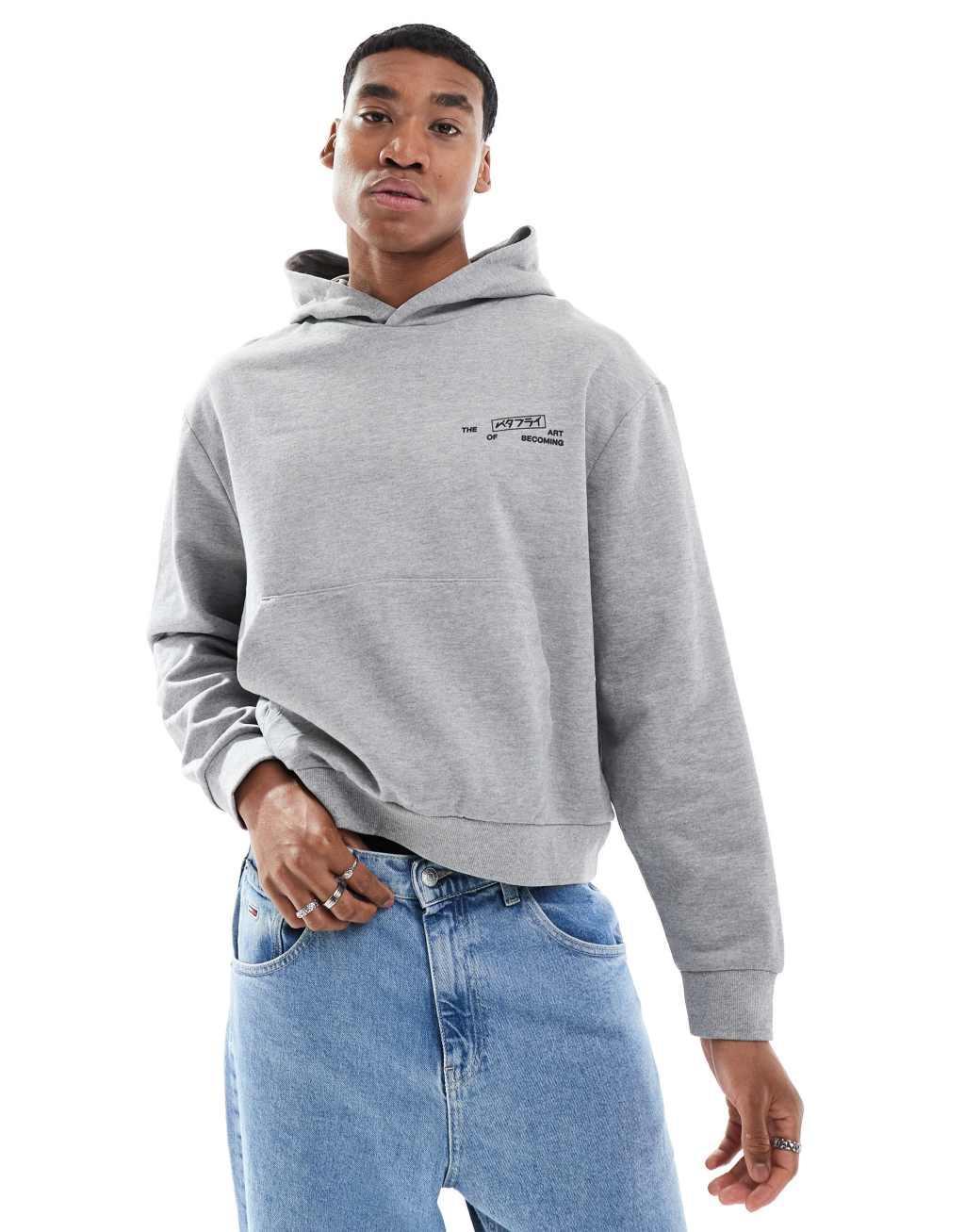 ASOS DESIGN boxy oversized hoodie with chest and back print in gray Product Image