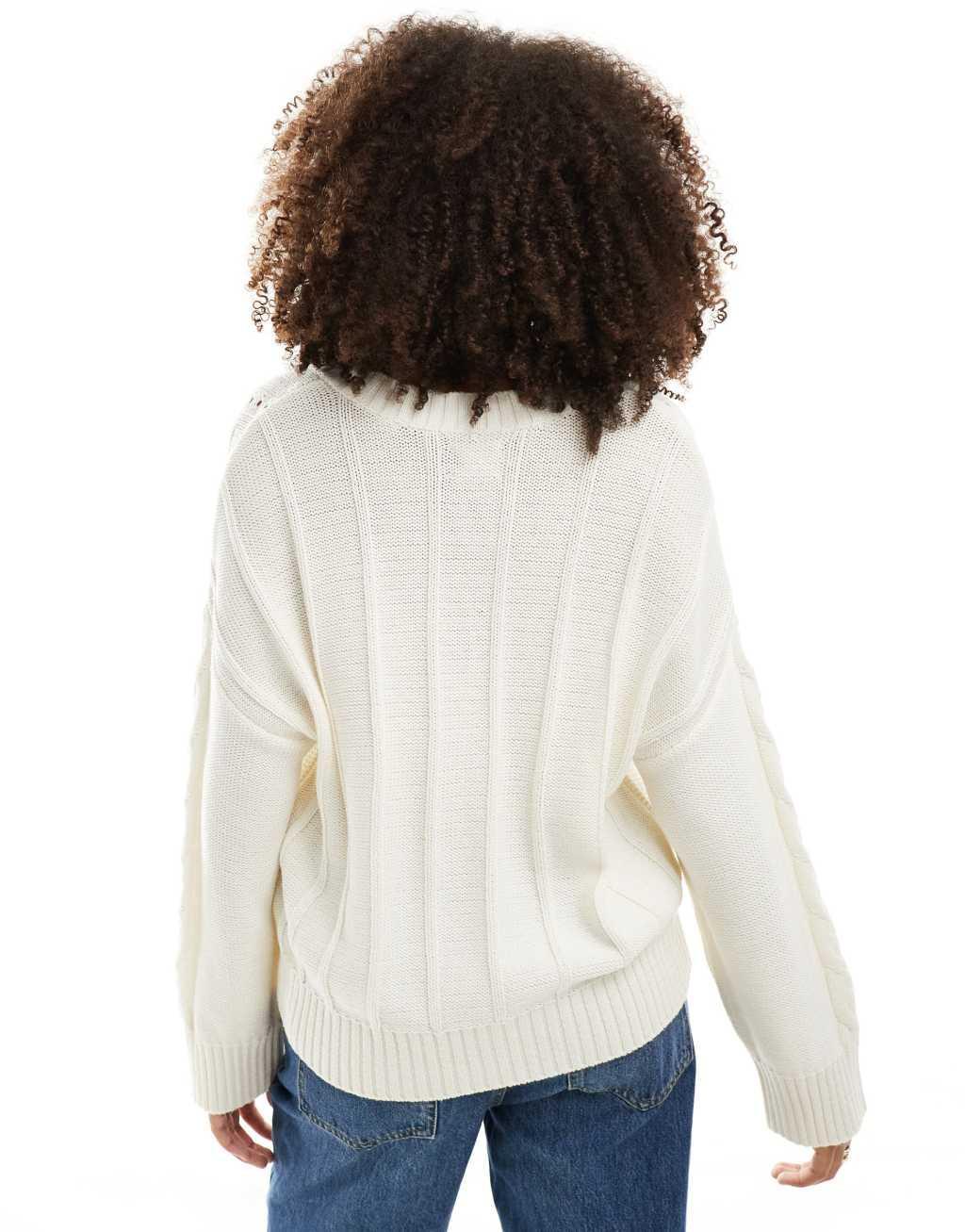 ASOS DESIGN v neck cable knit sweater in cream Product Image