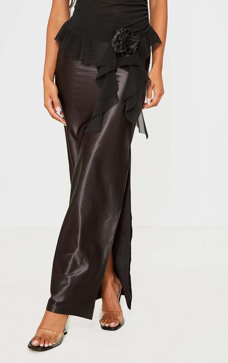 Black Stretch Satin Split Side Maxi Skirt Product Image