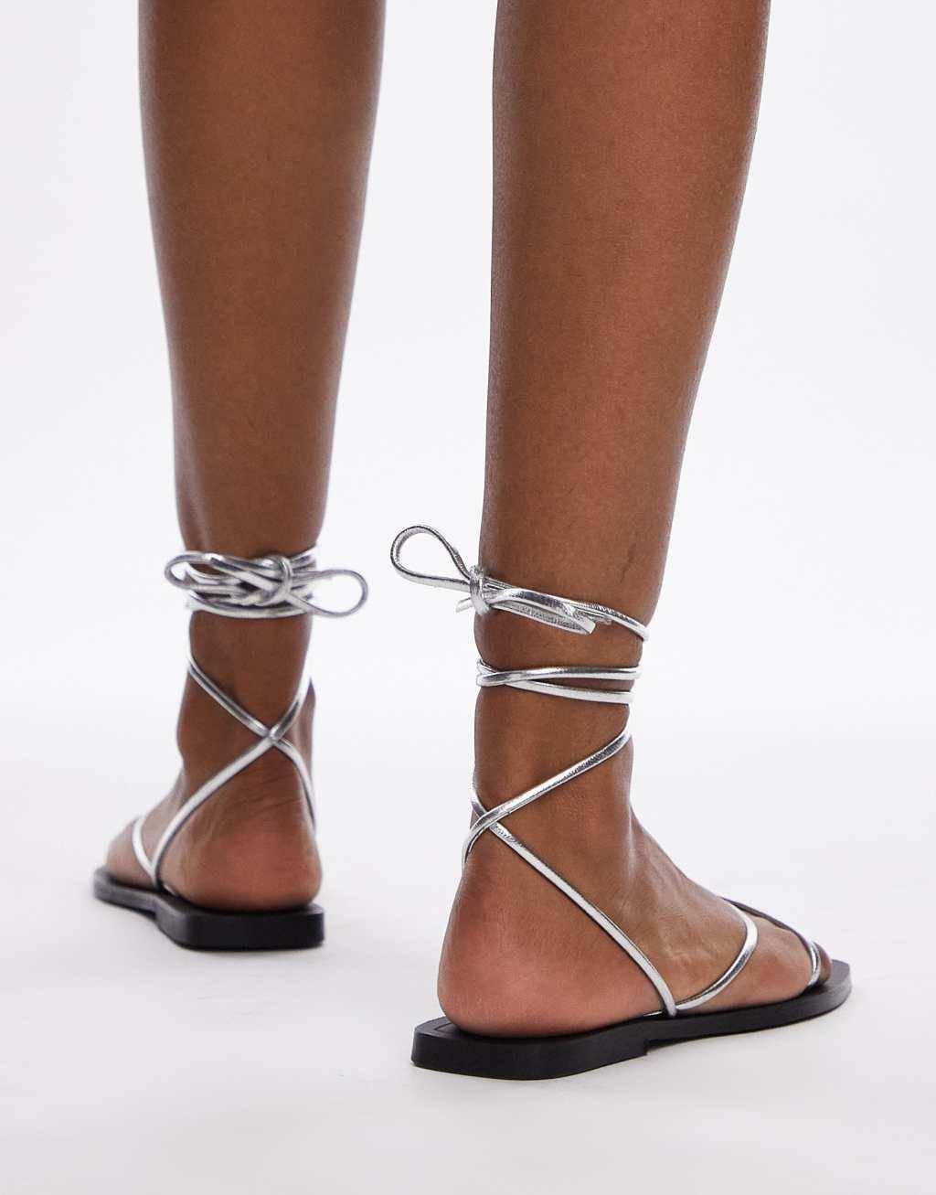 Topshop Katrina leather strappy sandals in silver Product Image