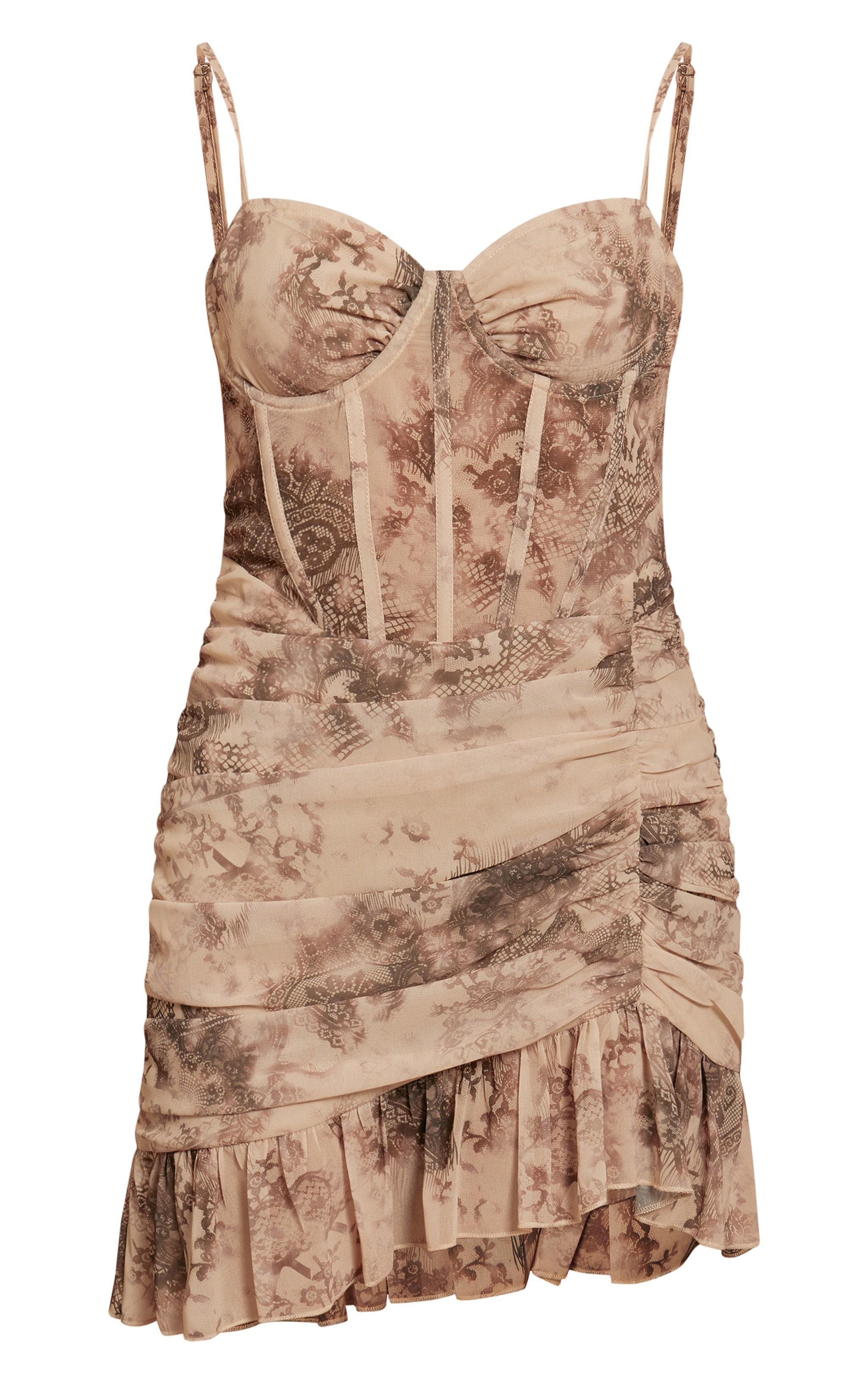 Nude Floral Print Corset Frill Hem Bodycon Dress Product Image