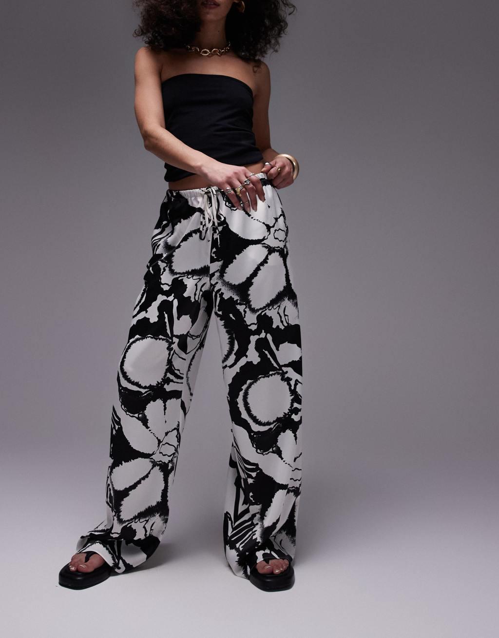 Topshop straight leg satin abstract floral printed pants in mono Product Image