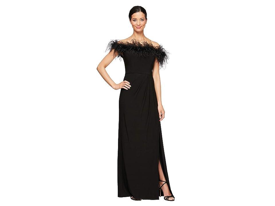 Alex Evenings Long Off-the-Shoulder Gown w/ Maribou Detail (Black) Women's Clothing Product Image