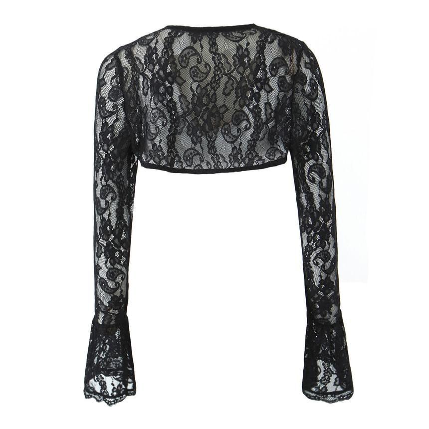 Long-Sleeve Crewneck Lace Crop Top Product Image