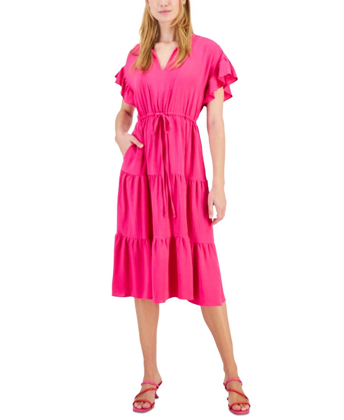 Robbie Bee Womens Flutter-Sleeve Tie-Waist Tiered Side-Pocket Midi Dress Product Image