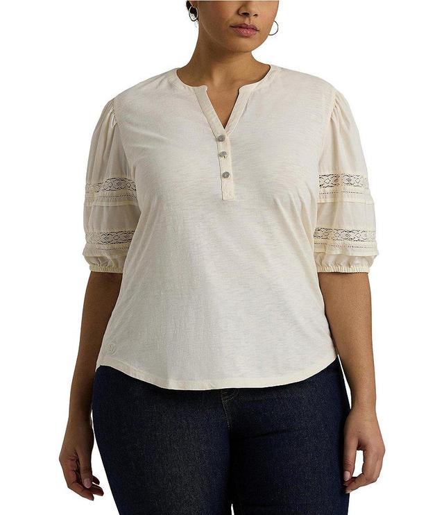 Lauren Ralph Lauren Plus Size Lace Trim Jersey Knit Split V-Neck Short Puff Sleeve Henley Top Product Image