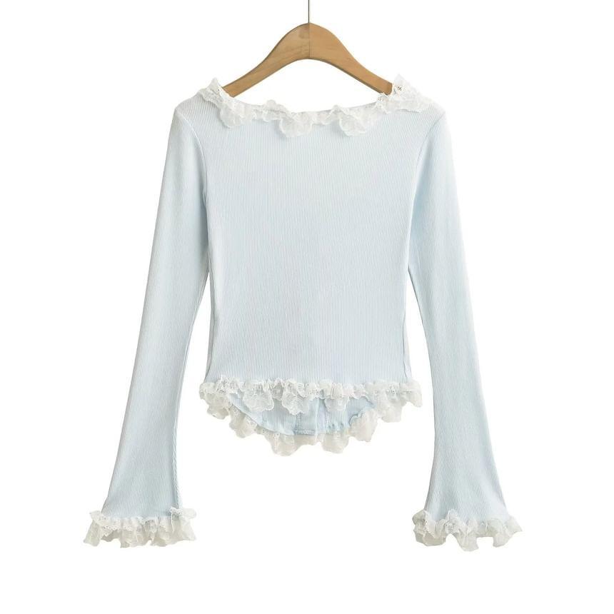 Long-Sleeve Scoop Neck Frill Trim Plain Top Product Image