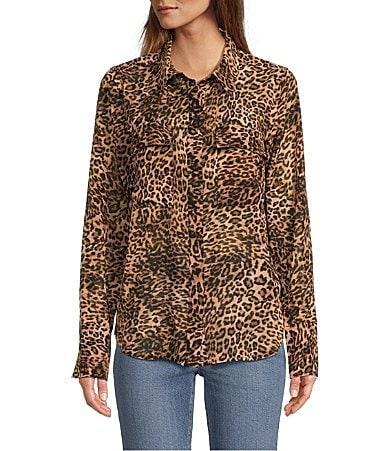 Good American Georgette Leopard Print Collared Long Sleeve Button Front Shirt Product Image