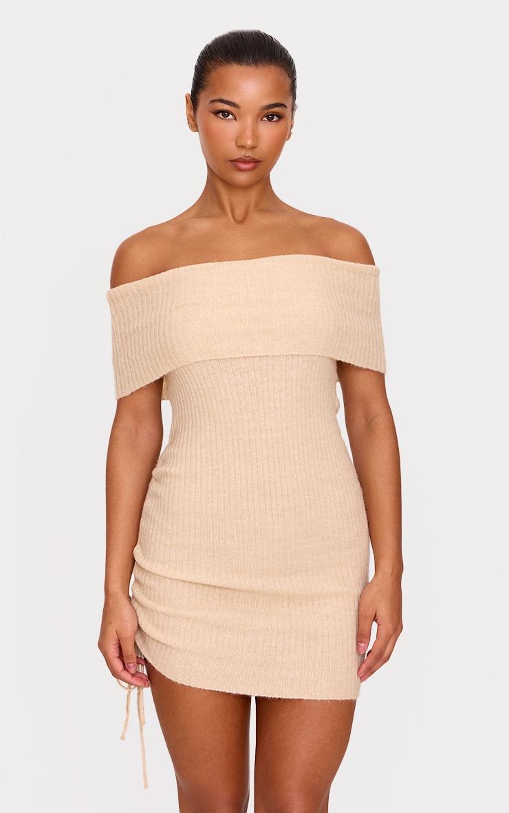 Deep Taupe Rib Knit Bardot Fold Over Tie Side Mini Dress Product Image