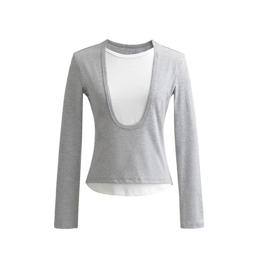 Long Sleeve Round Neck Two Tone Crop Tee Product Image