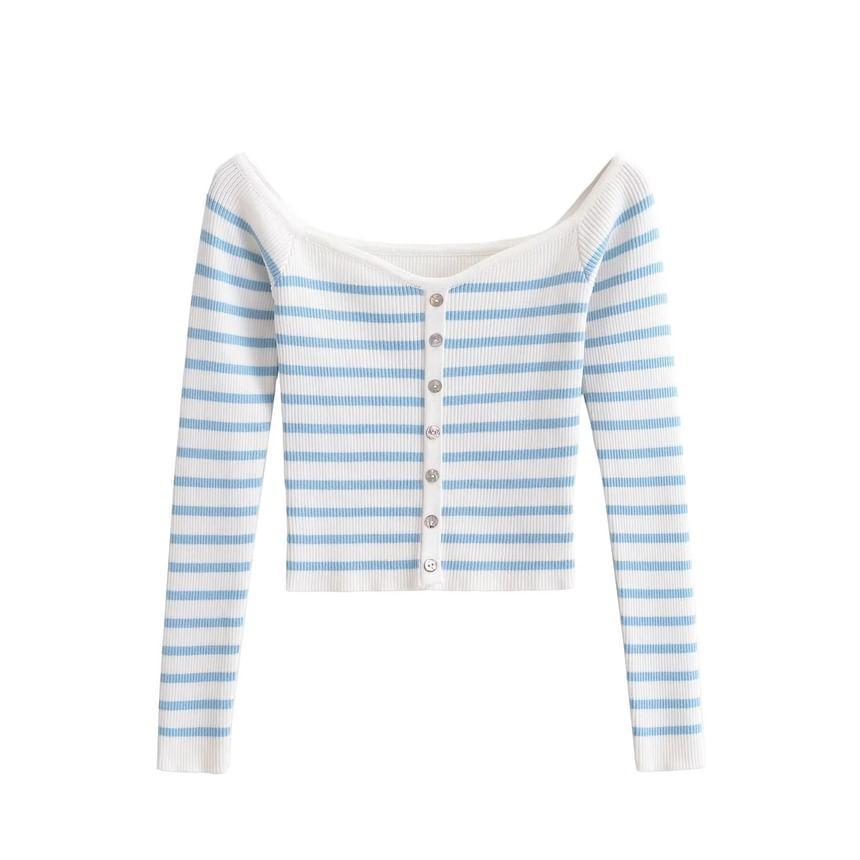 Long Sleeve Boat Neck Striped Button Up Cropped Knit Top Product Image