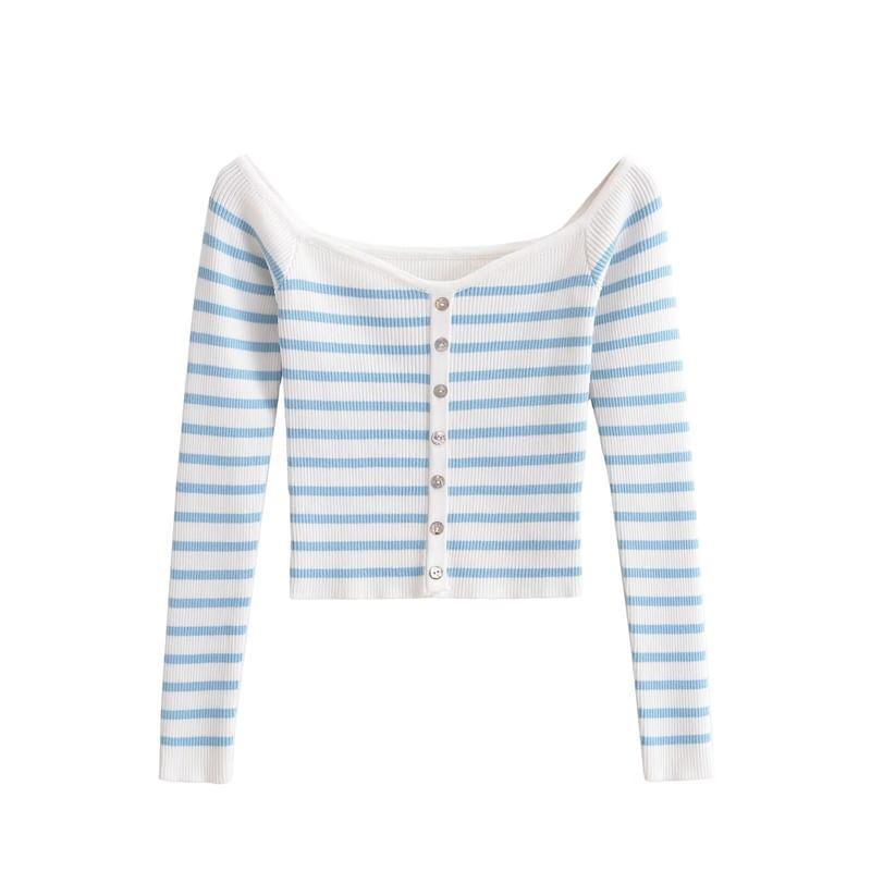 Off-Shoulder Striped Button-Up Ribbed Sweater Product Image