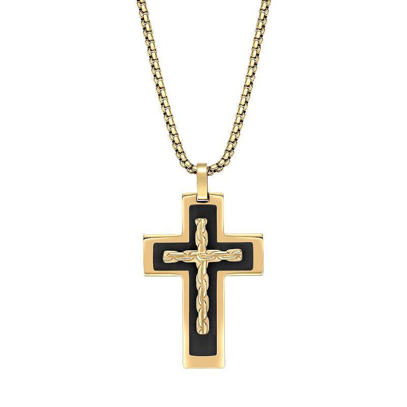 Mens LYNX Black & Gold Tone Ion Plated Stainless Steel Cross Pendant Necklace Multicolor Product Image