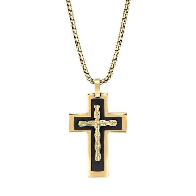 Mens LYNX Black & Gold Tone Ion Plated Stainless Steel Cross Pendant Necklace Multicolor Product Image