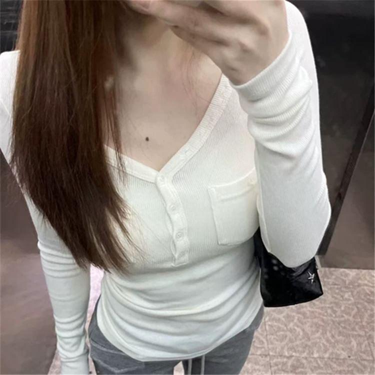 Long Sleeve V-Neck Plain Henley Ribbed Knit Top Product Image