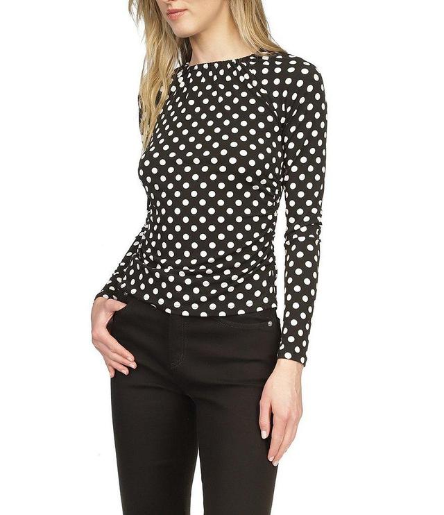 Michael Kors Polka Dot Matte Jersey Crew Neck Long Sleeve Shirred Top Product Image