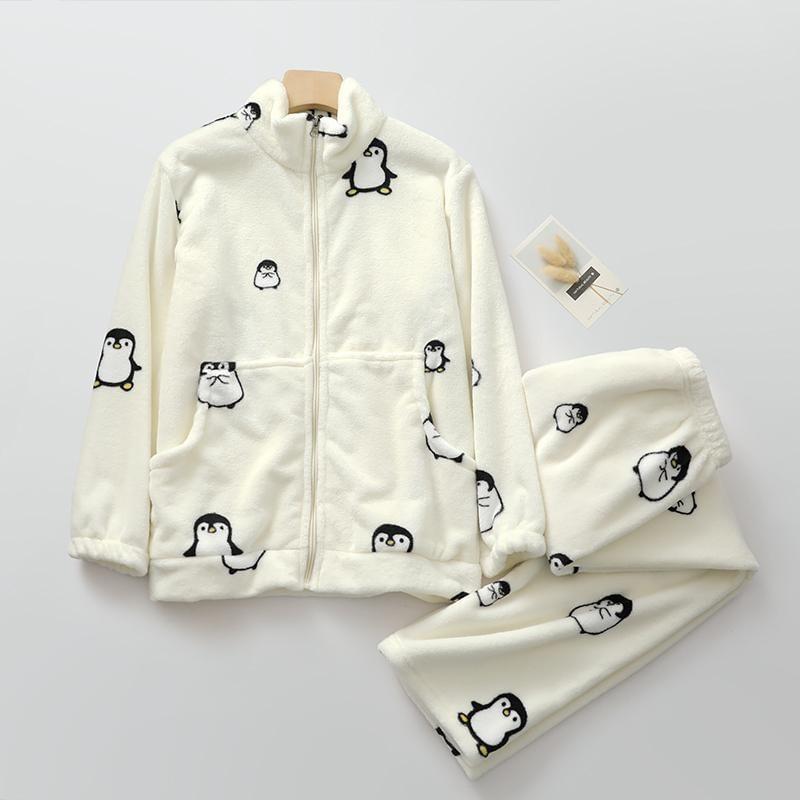 Couple Matching Pajama Set: Long-Sleeve Penguin Print Top + Pants (Various Designs) Product Image