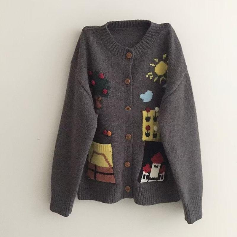 Round Neck Graphic Print Cardigan Product Image