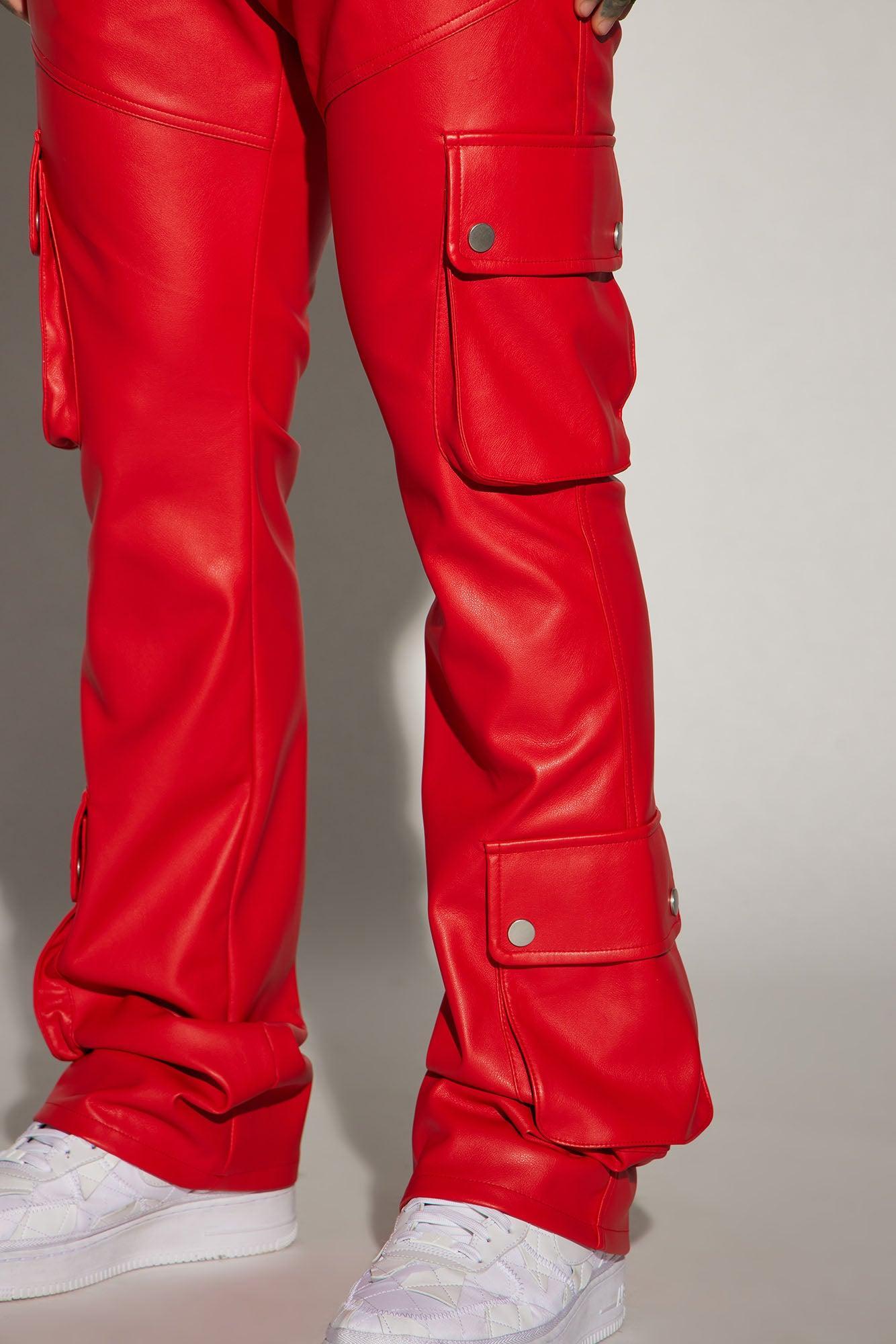 Name Of Love Faux Leather Stacked Slim Flare Pants - Red Product Image