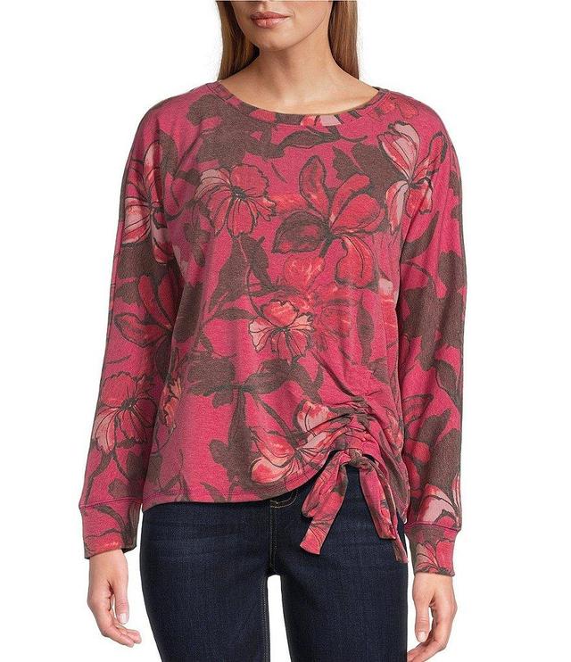 Westbound Floral Layers Print Knit Long Sleeve Crew Neck Ruched Shirt Product Image