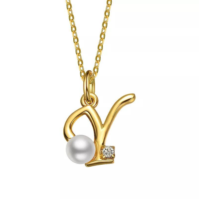 14k Gold Plated Simulated Pearl Initial Pendant Necklace, Womens Yellow Product Image