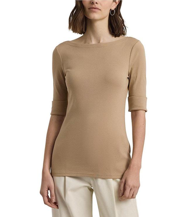 Lauren Ralph Lauren Petite Size Stretch Cotton Boat Neck Folded Elbow Sleeve Top Product Image