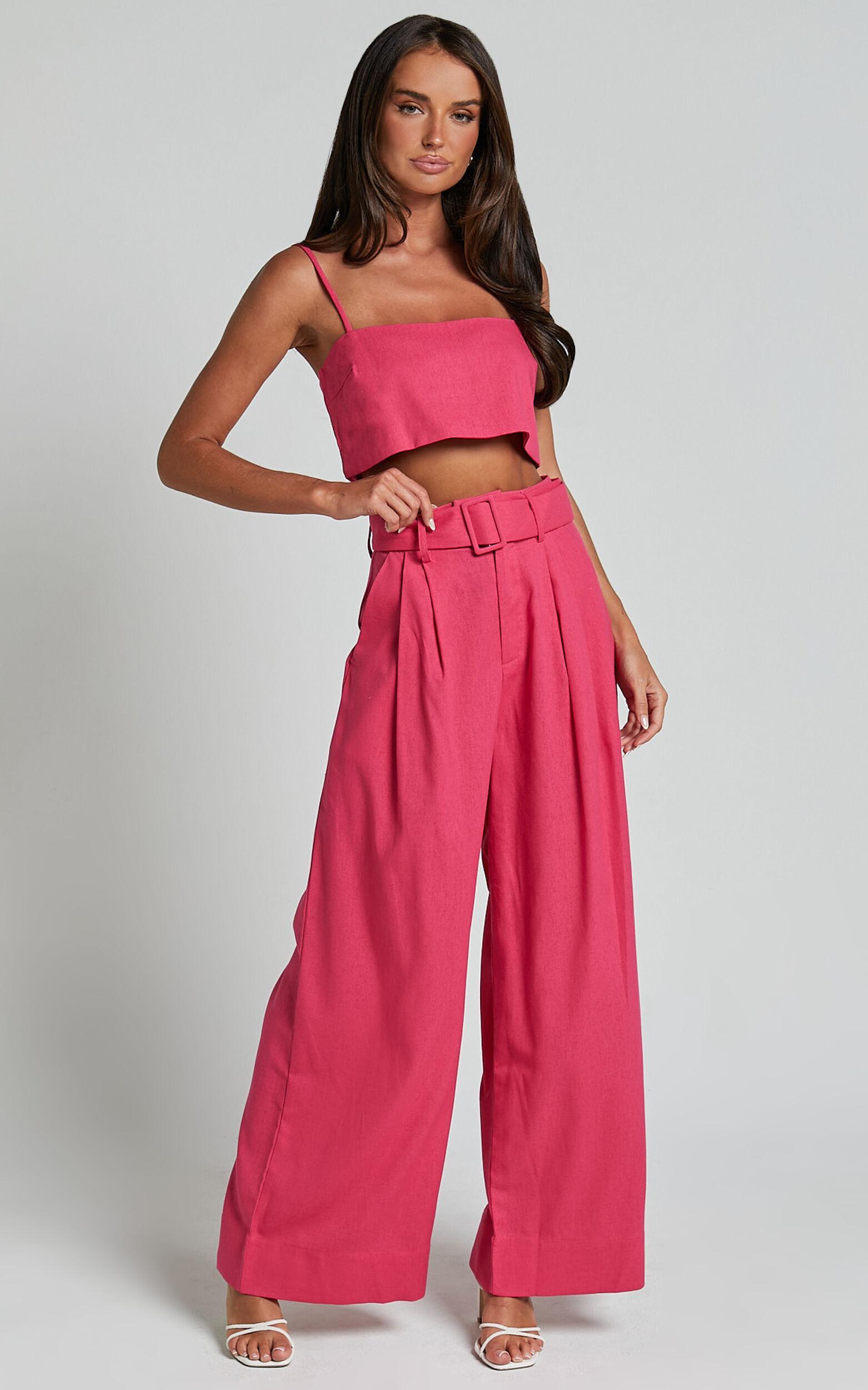 Thelma Two Piece Set - Linen Look Bandeau Crop Top and Belted Wide Leg Pants Set in Hot Pink Product Image