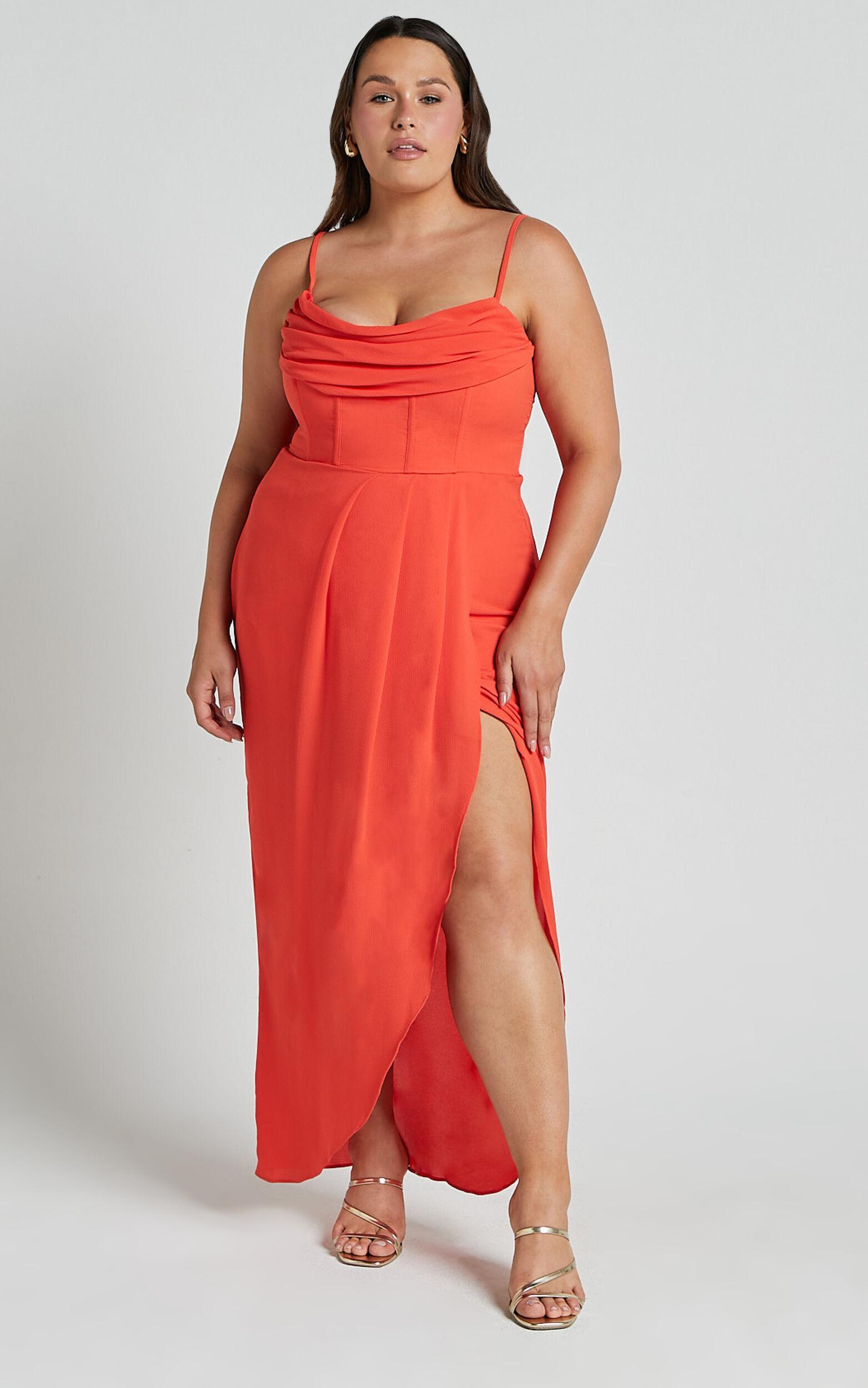 Andrina Midi Dress - High Low Wrap Corset Dress in Orange Product Image