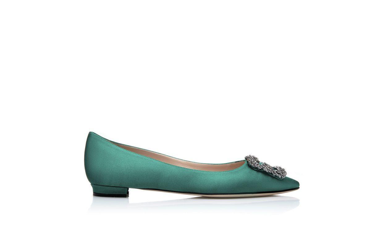 HANGISIFLAT Green Satin Jewel Buckle Flat Pumps Product Image