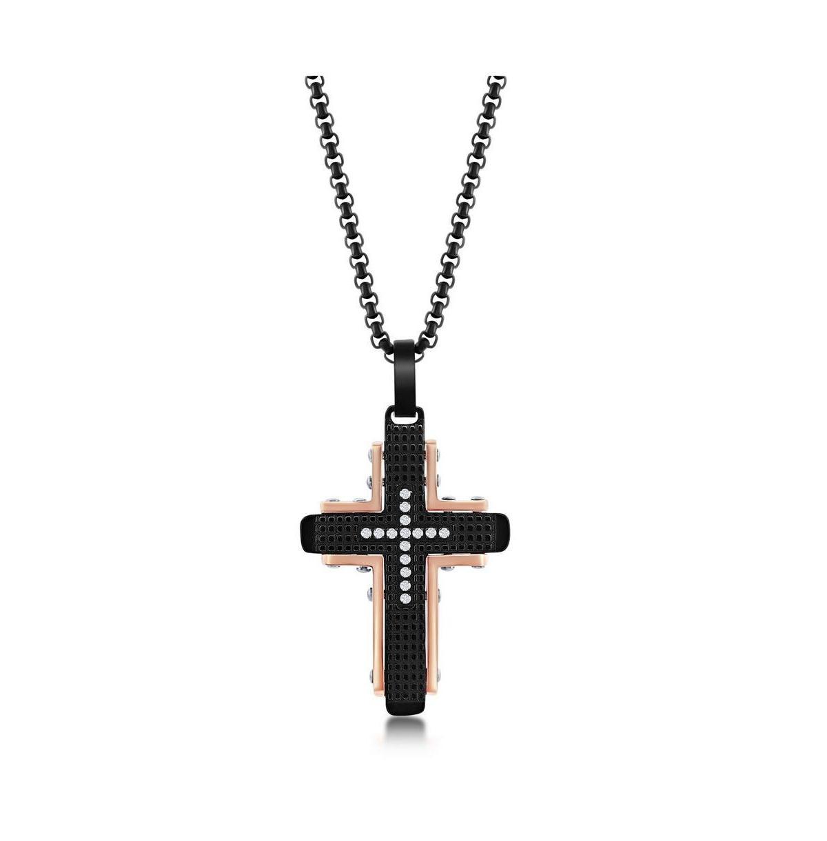 Mens Stainless Steel Black & Rose Gold Cz Cross Necklace Product Image